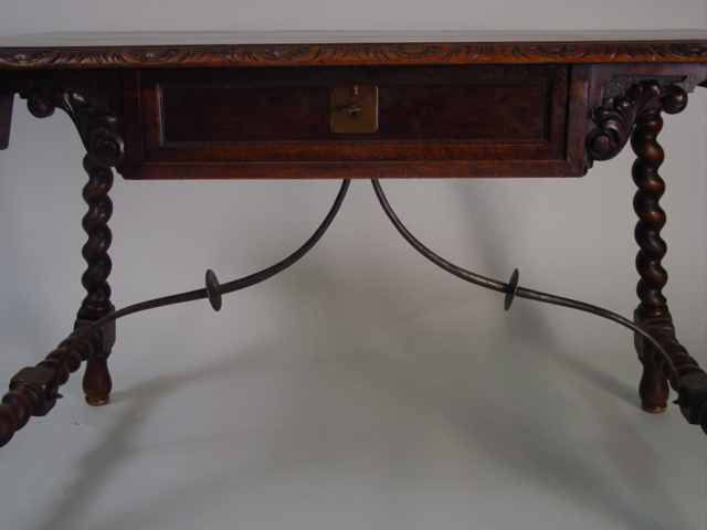 19th c. Spanish Colonial rope twist library table w. wrought iron front