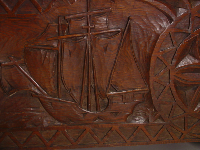 19th c. hand carved chest w. ship motif detail