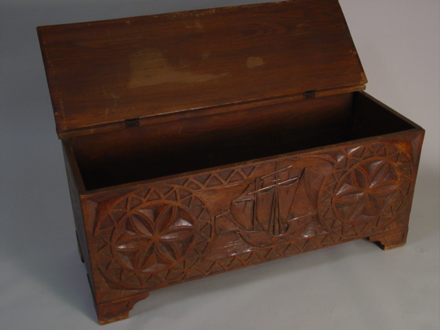 19th c. hand carved chest w. ship motif open