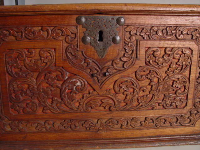 19th c. highly carved walnut box detail