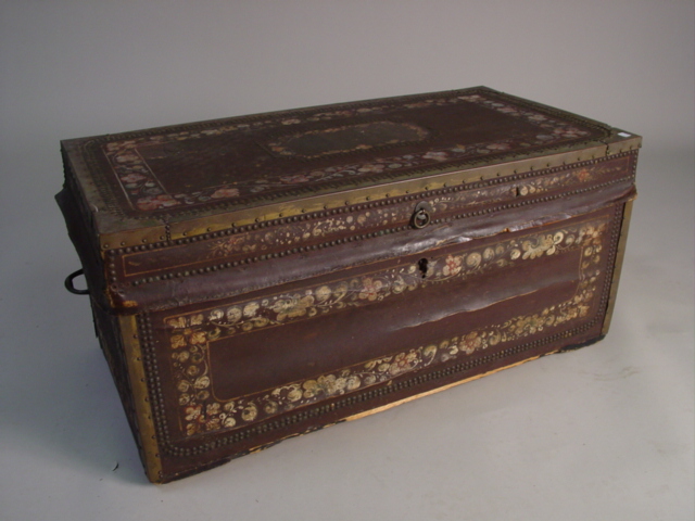 Large Leather n brass tooled chest 19th c.