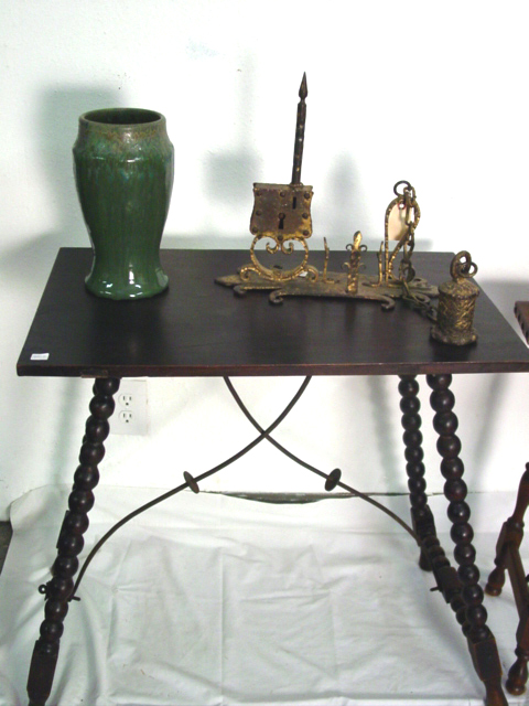 Spanish Revival table w. wr. iron sculpture pottery vase