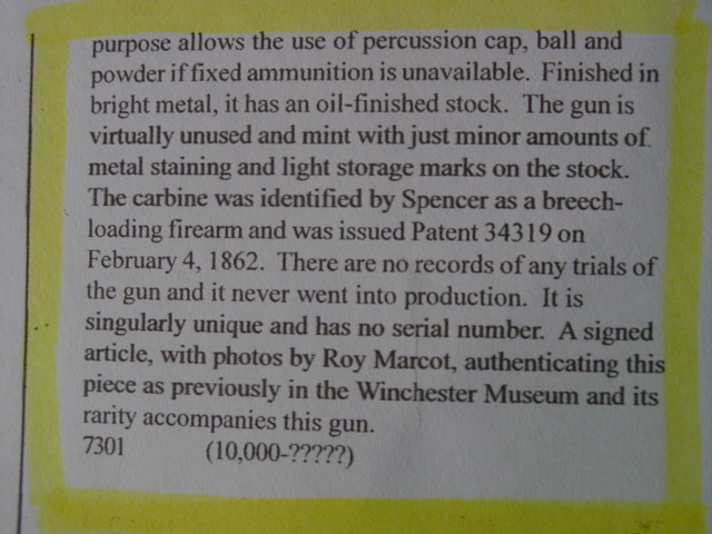 Prototype swing breach Spencer carbine .52 cal USpat. Feb 4 1862 Roy Marcot book documentation (2)
