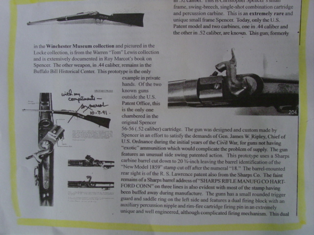 Prototype swing breach Spencer carbine .52 cal USpat. Feb 4 1862 Roy Marcot book documentation