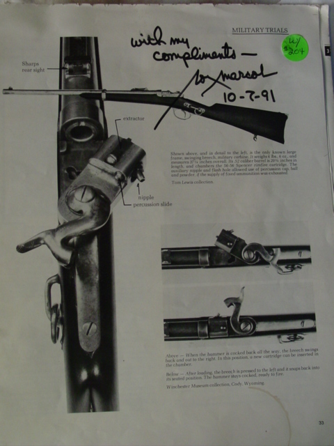 Prototype swing breach Spencer carbine .52 cal USpat. Feb 4 1862 from Winchester Museum Buffalo Bill Historical Center Roy Marcot signed book page