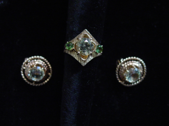 Beryl w green tourmaline ring +Beryl gold earrings