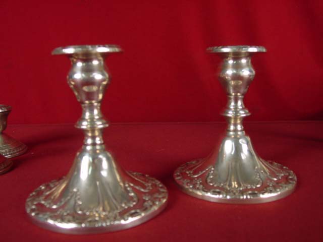 Sterling lot of candle sticks, salt and peppers gorham candle sticks